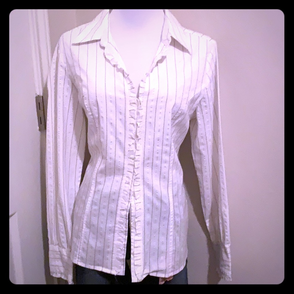 White Button-Up Blouse with Gold Thread